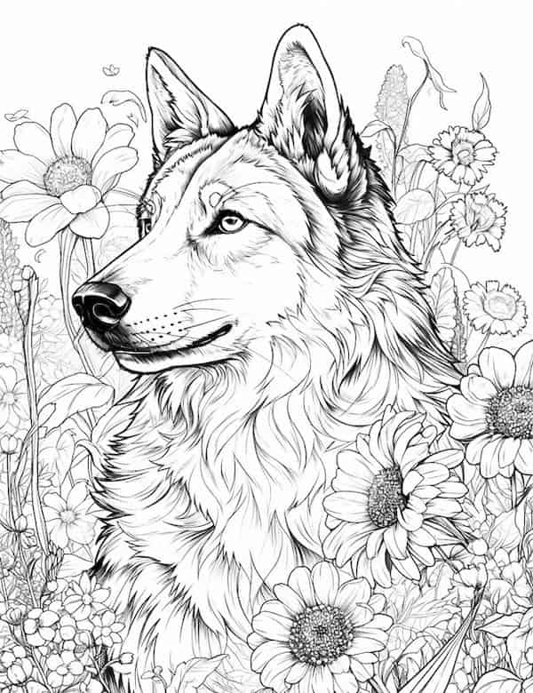Mighty husky and sunflowers coloring page