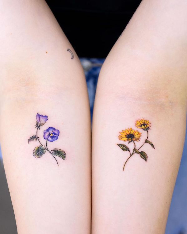 Pansy and sunflower matching tattoos by @jooyoung_tt