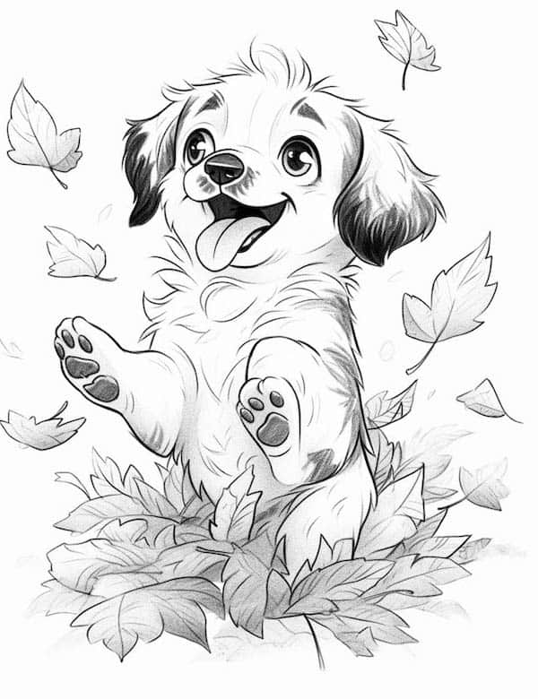 Puppy playing in fall leaves