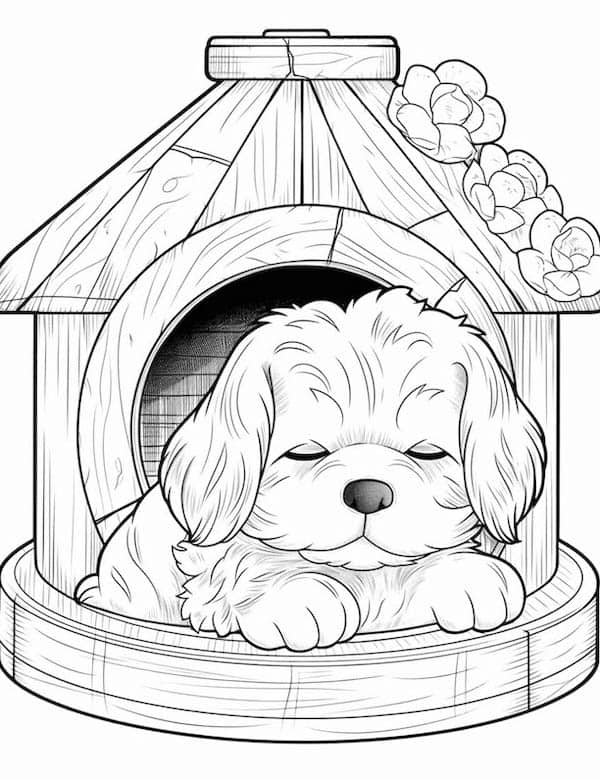 Puppy sleeping in the dog house