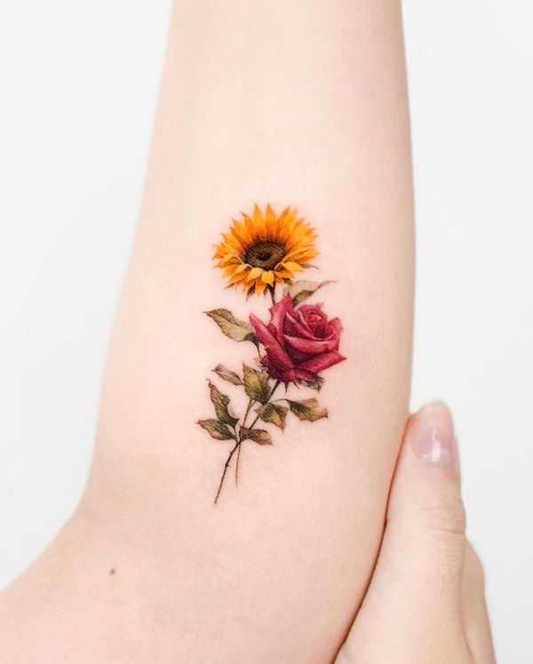Rose and sunflower tattoo by @donghwa_tattoo