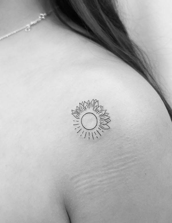 Sun and sunflower shoulder tattoo by @atm_ink