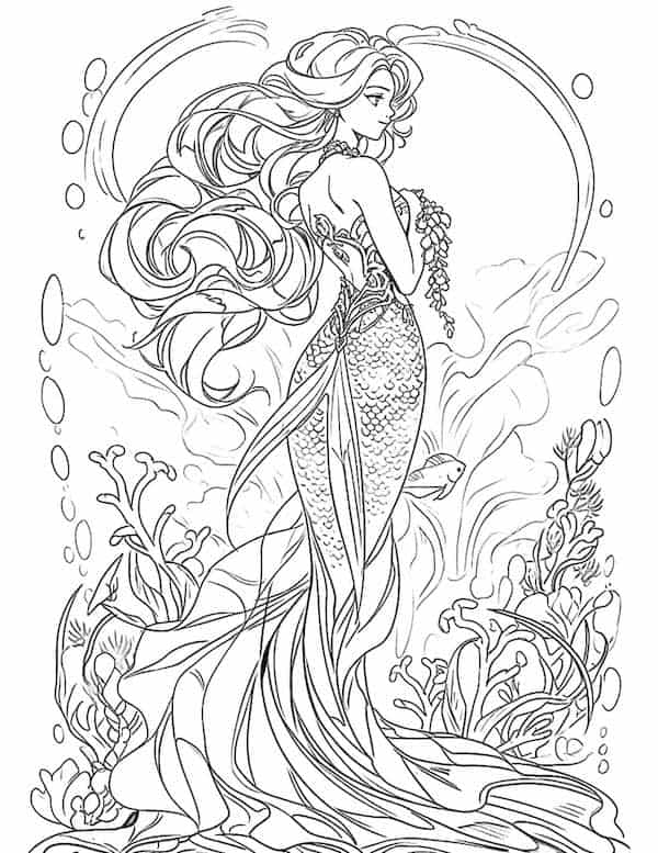 Whimsical mermaid coloring page for adults