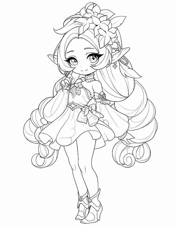 Anime style cute elf coloring page