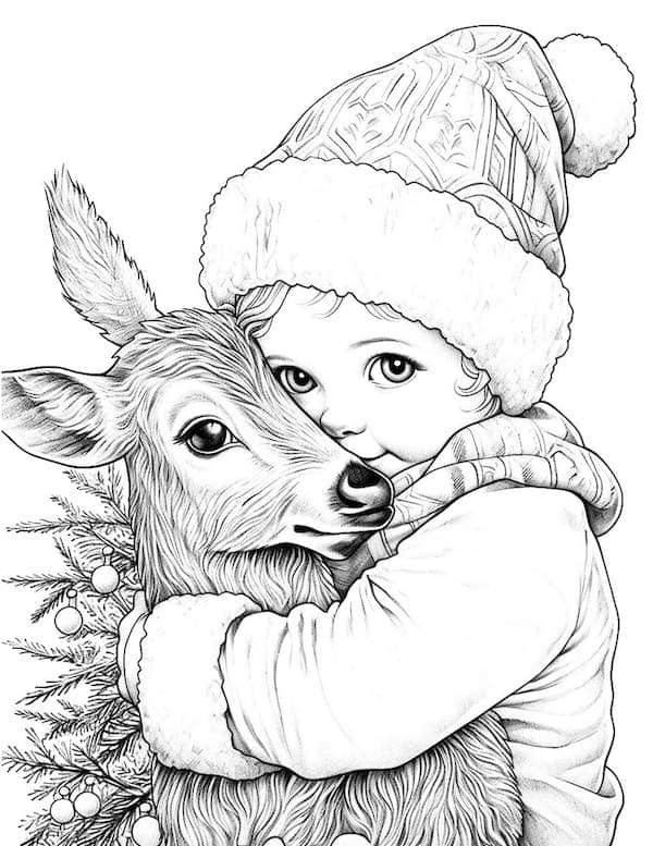 Baby and baby deer Christmas coloring page