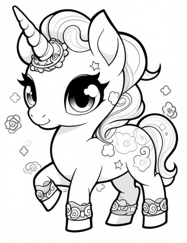 Cartoon unicorn coloring page for kids