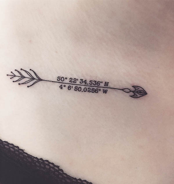 Coordinates and arrow tattoo by @emilyxlynch