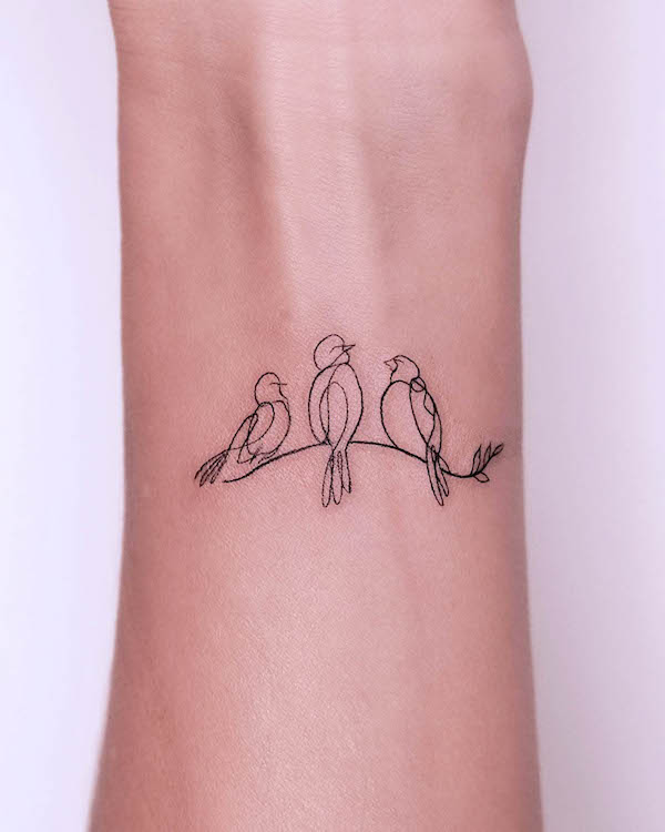 Cute birds one-line wrist tattoo by @isoltattoo