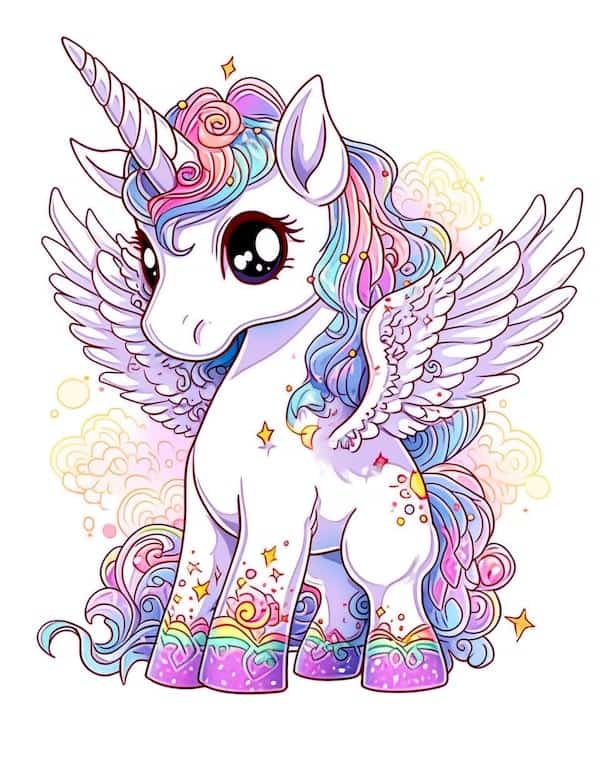 Cute unicorn with wings coloring page for kids colored