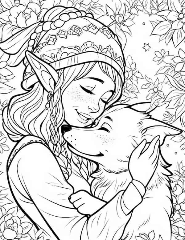 Elf and her dog coloring page
