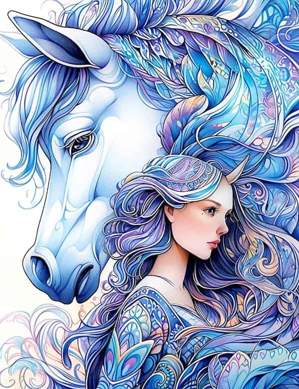 Fairy and unicorn coloring page colored