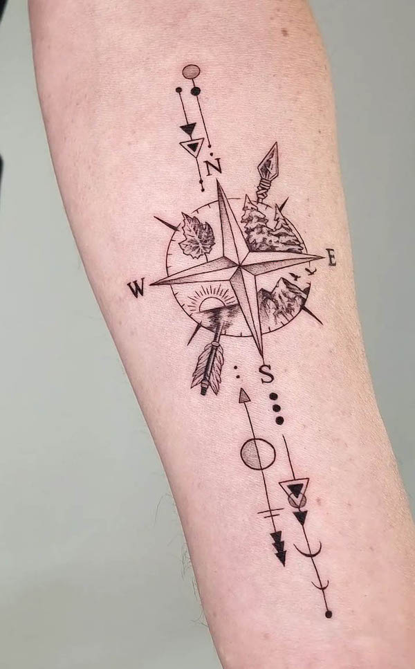 Four season arrow compass tattoo by @kimkim.tattoo