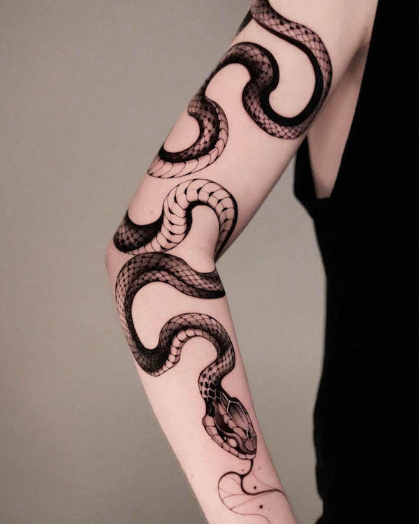 Full sleeve snake tattoo by @gush.like.kush