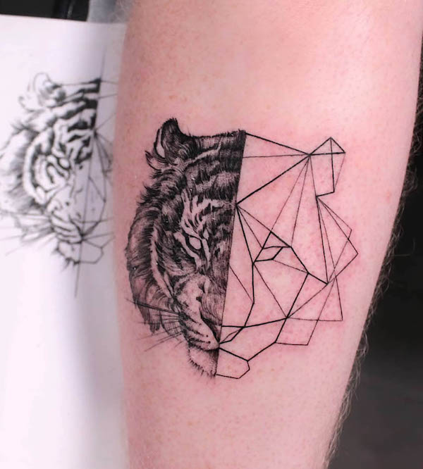 Half-geometric tiger tattoo by @patricetattoo