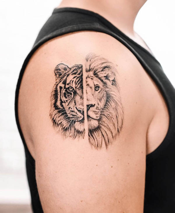 Lion tiger shoulder tattoo by @_nico.nic