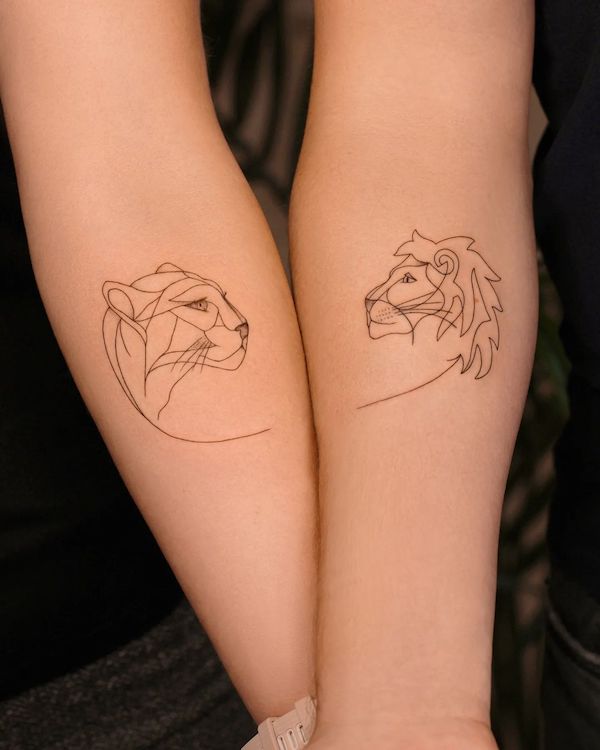 Matching lion one-line tattoos by @tattoo_berlin_vesna