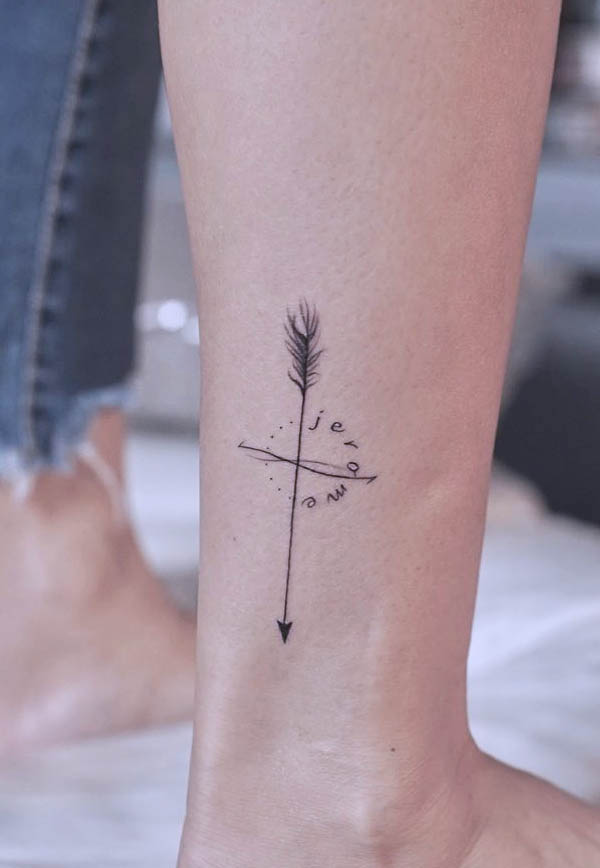 Name and arrow ankle tattoo by @suwonink