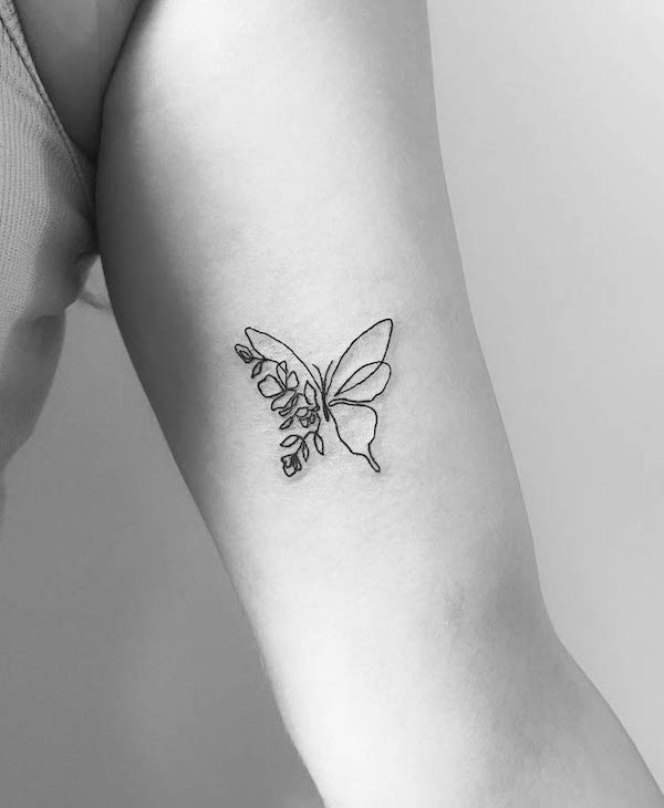 One-line floral butterfly tattoo by @percsydori