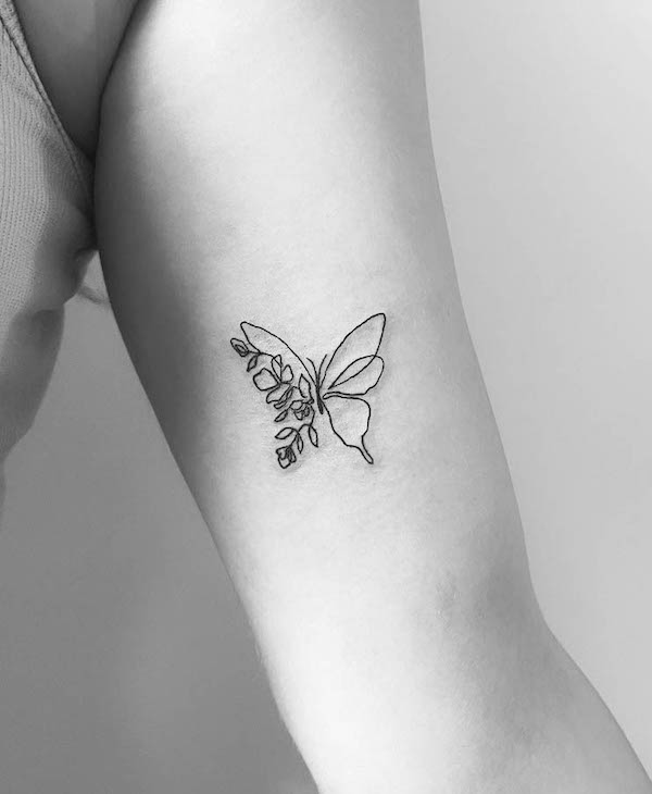 One-line floral butterfly tattoo by @percsydori