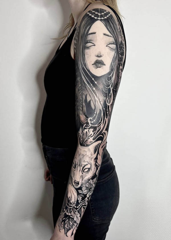 Portrait and wolf full sleeve tattoo by @elapour
