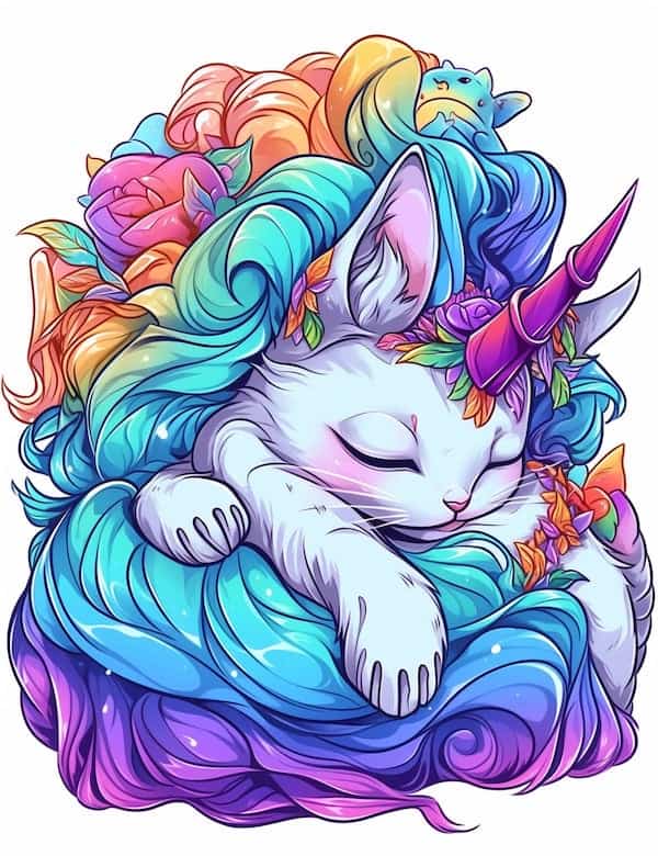 Sleeping cat unicorn coloring page colored