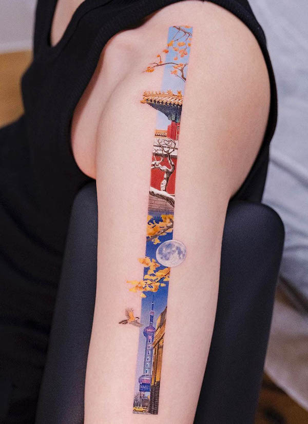 Strip landscape sleeve tattoo by @inkflow_franky