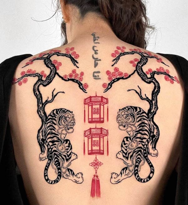 Symmetrical Chinese tiger tattoo by @offtattooer