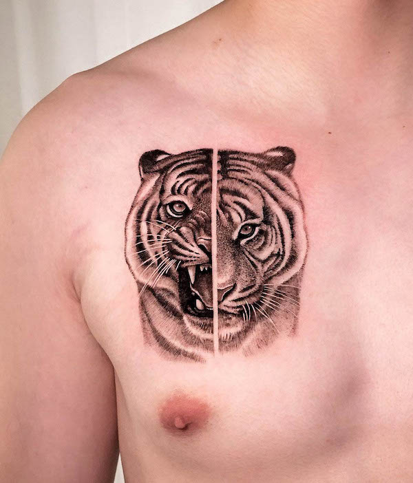 Two-faced tiger tattoo by @shu_tattooart