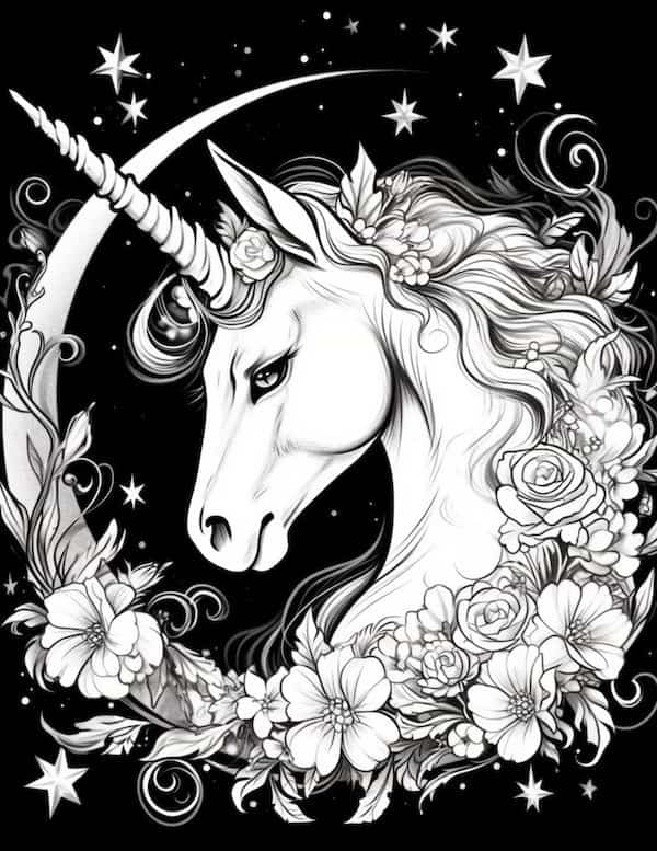 Unicorn and crescent moon coloring page