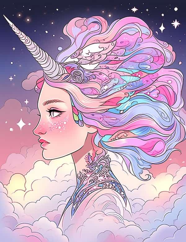 Unicorn girl coloring page colored