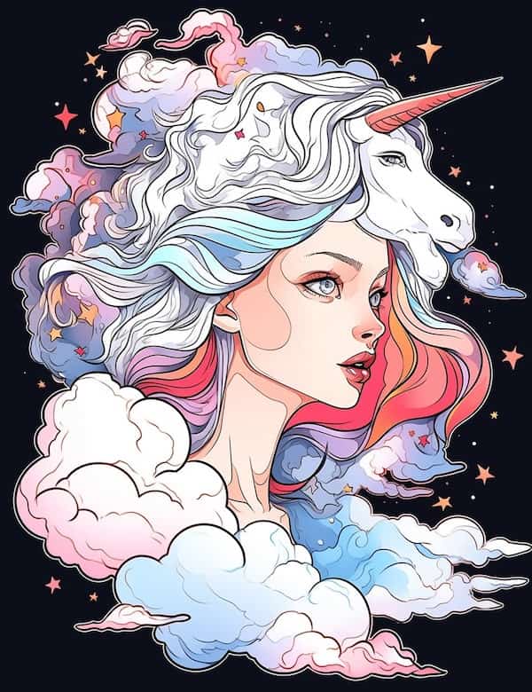 Unicorn goddess coloring page colored