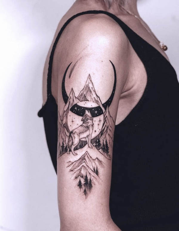 Wolf and mountain half sleeve tattoo by @sashakiseleva