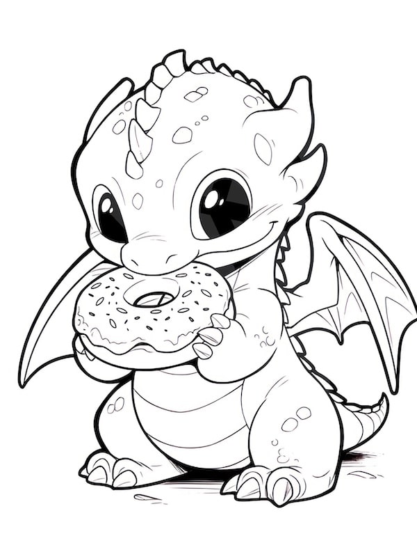 Baby dragon eating a donut coloring page