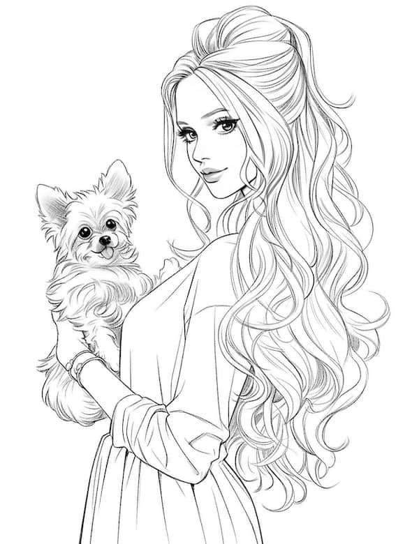 Barbie and dog coloring page