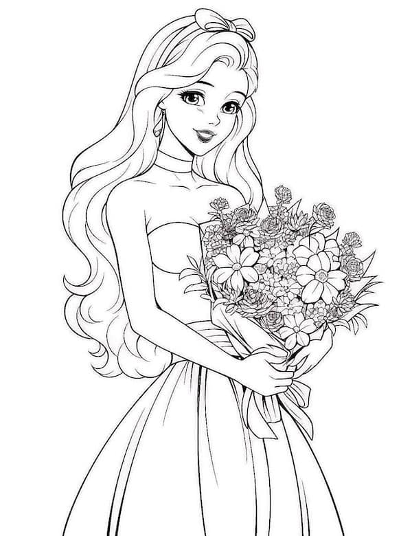 Barbie with a bouquet of flowers