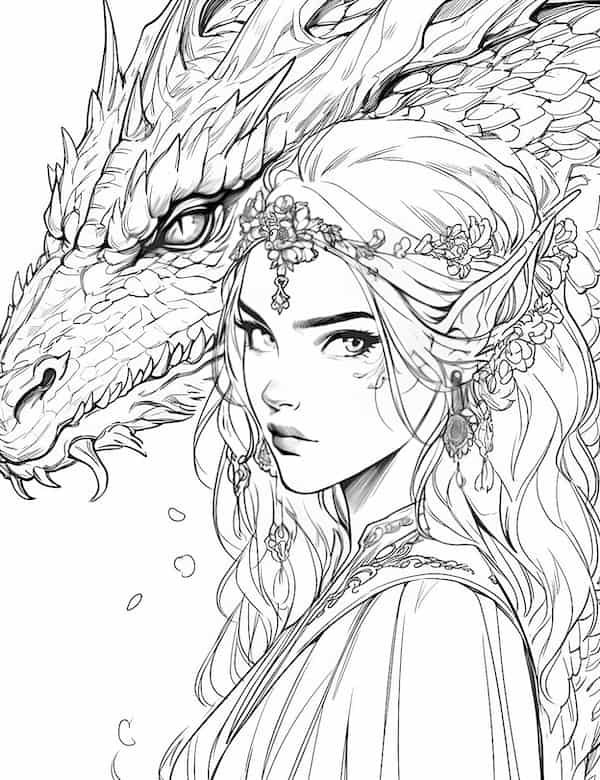 Elf and dragon coloring page for adults