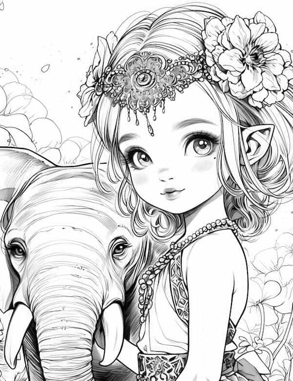 Fairy and elephant coloring page