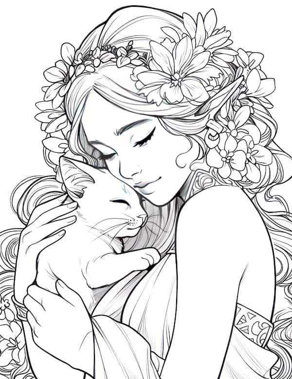 Fairy with her cat coloring page