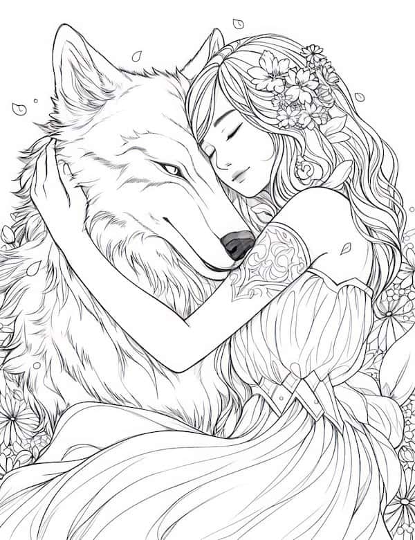 Fairy with wolf coloring page