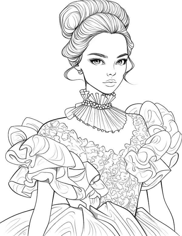 Glamorous Victorian high neck ruffle dress coloring page