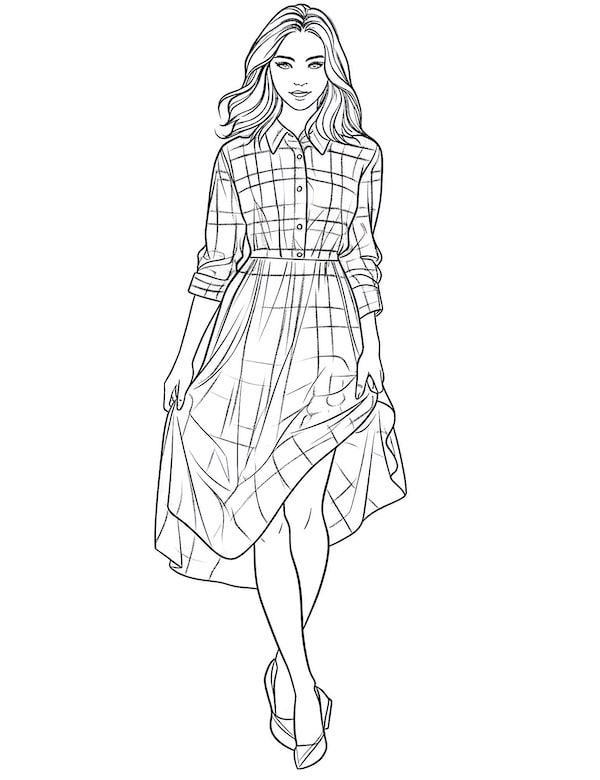 Pleated midi shirt dress coloring page