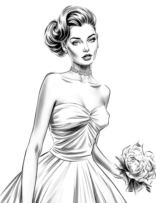 Realism greyscale bride in her wedding gown coloring page