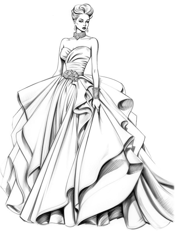 Realism high fashion wedding dress coloring page for adults