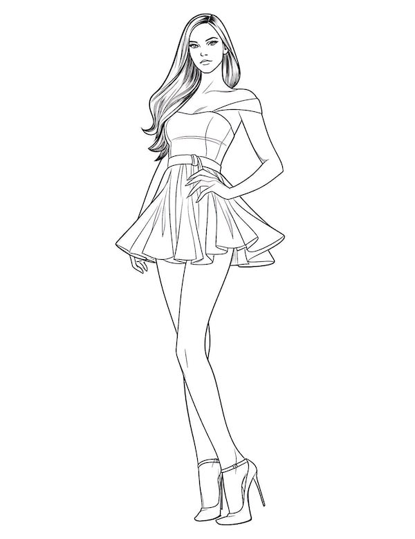 Simple off-the-shoulder mini dress coloring page for kids