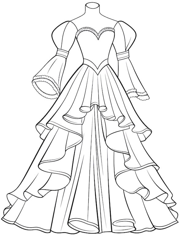 Vintage style wedding dress coloring page