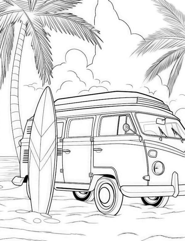 Volkswagen bus on the beach coloring page
