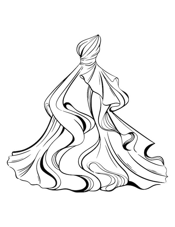 Wavy evening gown coloring page for kids