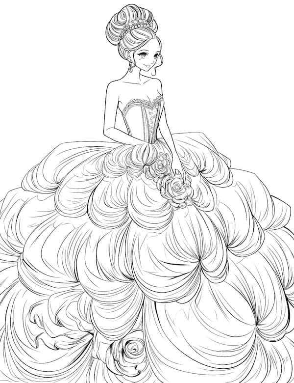 Whimsical fantasy ball gown coloring page