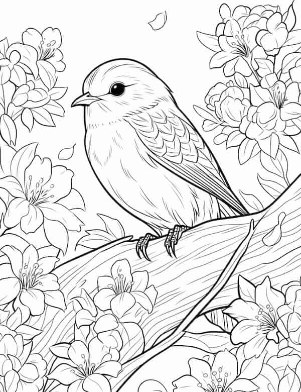 Baby bird and flower coloring page