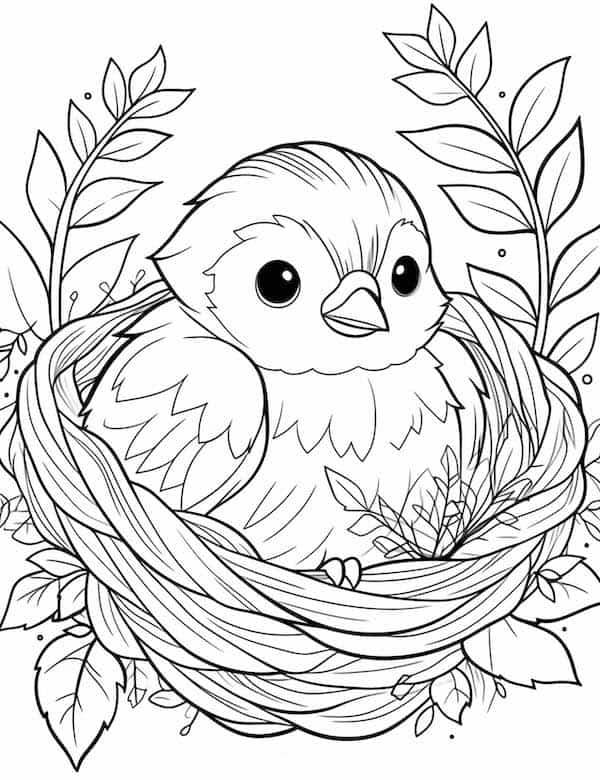 Baby bird in a nest coloring page